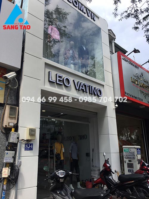 thiết kế thi công bảng hiệu quảng cáo - Bảng hiệu nền tấm Cemboard chữ mica cửa hàng thời trang nam LEO VATINO Quang Trung Gò Vấp
