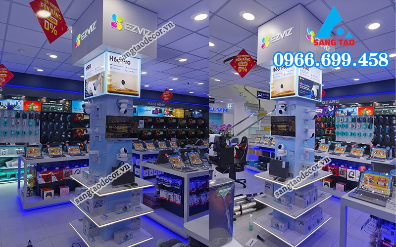 Chi tiết hạng mục thi công cột trưng bày sản phẩm EZVIZ, một phần trong dự án thi công showroom công nghệ tại Phong Vũ Thủ Đức.